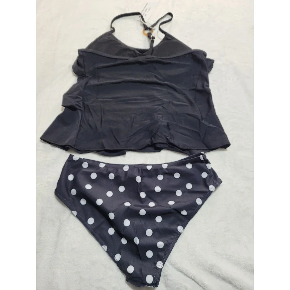 NWT UIQUR Tankini Swimsuit Kids 11-12Y Black Polka Dot New Ruffle Tiered Set